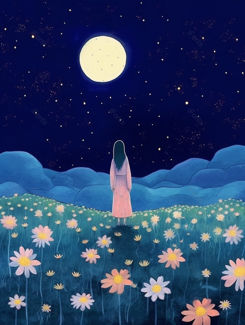 星空下鲜花从中女孩背影,插画/手绘图,插画/手绘图库,插画/手绘图下载,插画/手绘